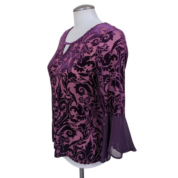 Womens Velvet Burnout Size M Burgundy Dark Plum Bell Sleeve Whimsigoth Witchy - Picture 4 of 6